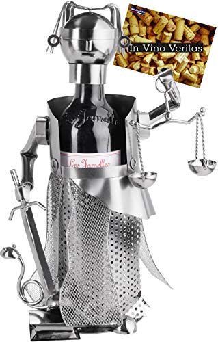 BRUBAKER Portabotellas de Vino Justitia Silver - Escultura de Metal Soporte de Botellas - Figura de Metal Regalo de Vino para Abogados, Bufete de Abogados - con Tarjeta de Felicitación